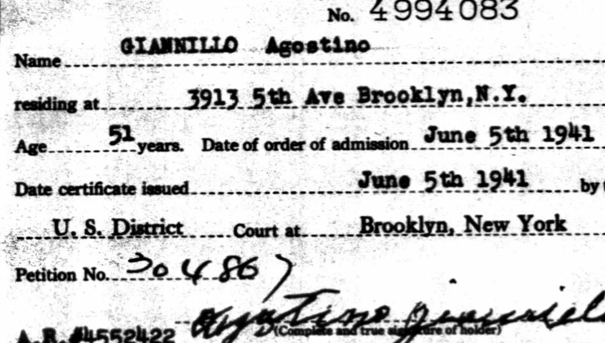 Naturalization index card for Agostino Giannillo, age 51, U.S. District Court at Brooklyn, New York, certificate issued June 5, 1941.