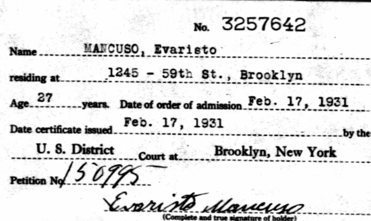 Naturalization index card for Evaristo Mancuso, age 27, U.S. District Court at Brooklyn, New York, certificate issued February 17, 1931.